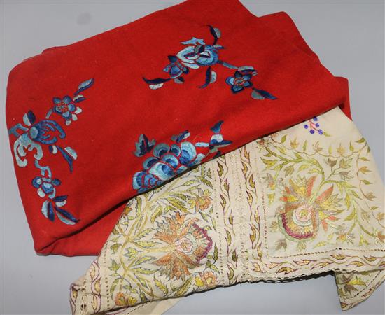 A Chinese embroidered red felt chair cover and an embroidered silk scarf